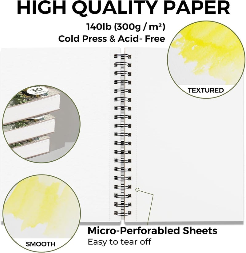 Funto Watercolor Pad 10x7, 3-Pack, 90 Sheets, 140 lb/300 GSM, Double-Sided, Cold Press, Spiral Bound, Heavyweight Paper for Watercolor Painting - Image 3